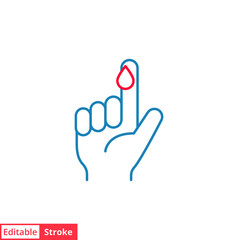 Blood on finger line icon. Vector people hand injured isolated symbol. Glucose, insulin test, diabetes concept. Simple outline style. Sign illustration on white background. Editable stroke EPS 10