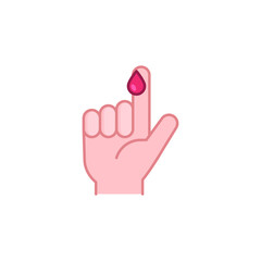 Blood on finger icon. Vector people hand injured isolated symbol. Glucose, insulin test, diabetes concept. Simple filled outline style. Sign illustration on white background. EPS 10
