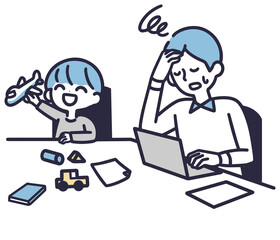 リモートワーク　子供　仕事に集中できない男性