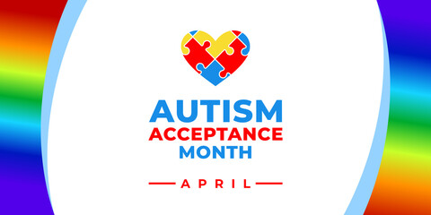 Autism Acceptance Month. Vector banner, poster, flyer, greeting card for social media with the text Autism Acceptance Month, April. Illustration with Puzzles and rainbow on white background.