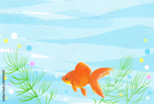水槽に金魚が泳いでいる夏イメージの背景イラスト Wall Mural Hi Na