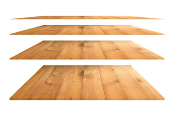A collection of brown wooden shelves on a white background  with clipping path for design.