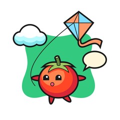 Tomatoes mascot illustration is playing kite