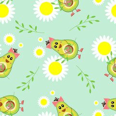 Fototapeta na wymiar Seamless pattern of funny baby avocados. Exotic fruits in cartoon style with chamomile and daisies. Green background. For textiles, children's patterns, clothes, linen, covers, packaging. Vector 