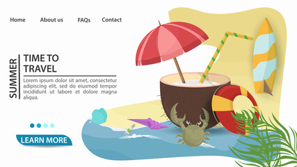 banner for the design of advertising tourist web pages websites and mobile applications on the theme of summer holidays travel and vacation coconut with an umbrella and a drink on the beach