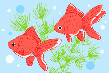 水槽に金魚が泳いでいる夏イメージの背景イラスト Wall Mural Hi Na