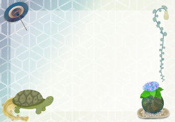 青い紫陽花の苔玉・蓑亀・番傘の亀甲紋グラデーション和風フレーム背景イラスト