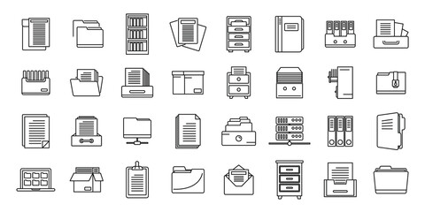 Office storage of documents icons set, outline style