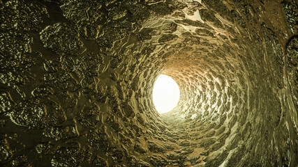 3D abstract tunnel with textured walls. light at the end of the tunnel. 3d render illustration