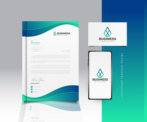 Modern Business Letterhead Template Design in Blue and Green Gradient with Logo, Business Card and Smartphone