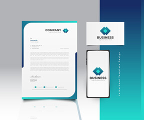 Modern Business Letterhead Template Design in Blue and Green Gradient with Logo, Business Card and Smartphone
