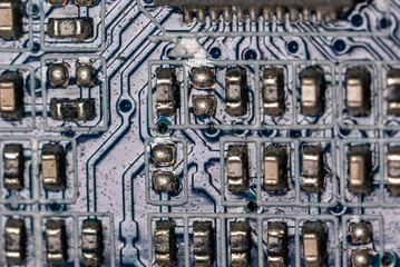 close-up of motherboards and signal branches on the motherboard in a personal computer