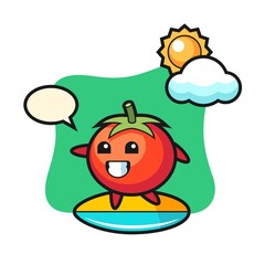 Illustration of tomatoes cartoon do surfing on the beach