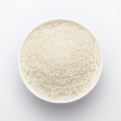 organic white  sago or sabudana small size in white ceramic bowl, Top view