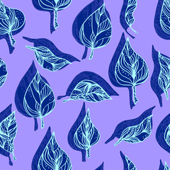 leaves with ornaments and stripes. seamless pattern contour leaves with a contrast shadow