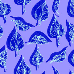 leaves with ornaments and stripes.Vector seamless pattern contour leaves with a contrast shadow