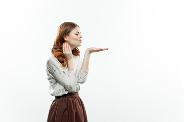 woman in suit holds hand in front of her elegant style fun Copy Space