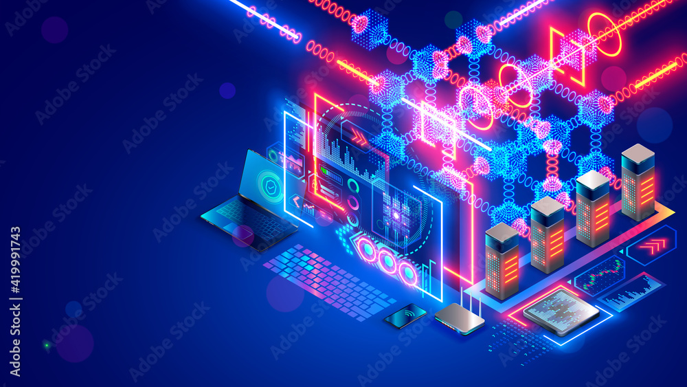 Poster Blockchain technology isometric concept. Computer farm mining cryptocurrency, digital money. Server racks in data center mine crypto currency, process big data consisting of chain of digital blocks.