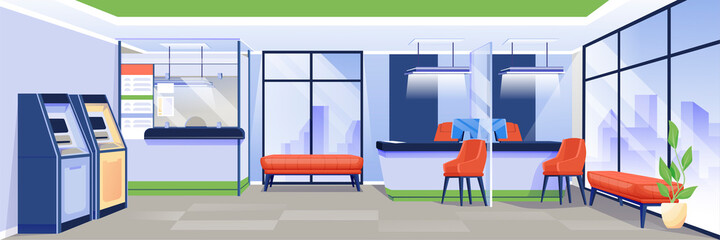 Bank office interior background. Finance services, business department place vector illustration. Financial workplace design with counters, atms, chairs, computers, windows