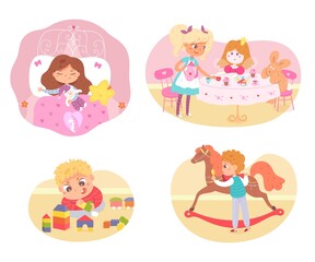 Fototapeta na wymiar Kids with toys at home set. Little children playing games indoor vector illustration. Boy on floor with cubes building, with horse, girl in bed, having tea party at table with doll