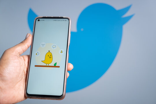 Maski, India 11,March 2021 : Selective focus on mobile, koo Indian social media app on phone and twitter logo on background display, Concept of koo vs twitter rivalry in India.