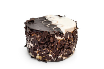 Small cake with chocolate on white.