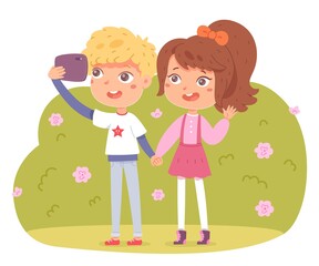 Kids making selfie on phone. Little boy and girl taking photo on smartphone in park. Children with mobile devices vector illustration. Outdoor fun activities with electronics