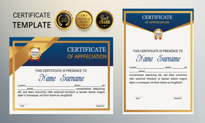 Certificate Template Design Set. Blue and gold certificate of achievement template. Vector Illustration. Certificate.