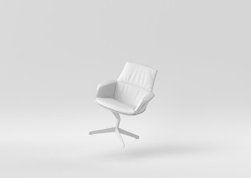 White Office Chair Floating On White Background. Minimal Concept Idea. Monochrome. 3d Render.