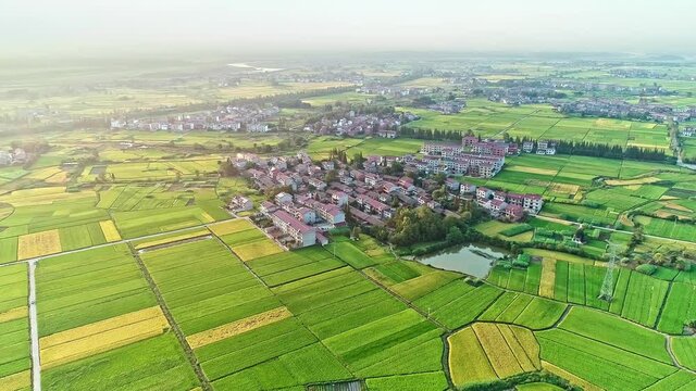 Aerial panorama of beautiful fields in contryside of China in fine weather