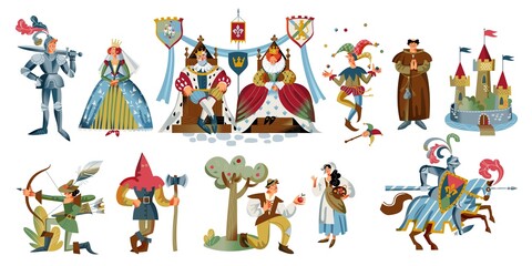 Medieval characters set. People in Middle Ages vector illustration. King, queen, princess, knight, castle, peasants, jester, warrior on horse, archer isolated on white background