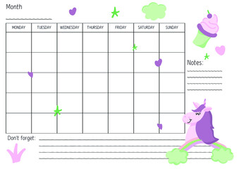 weekly plan with children's illustration unicorn and cake