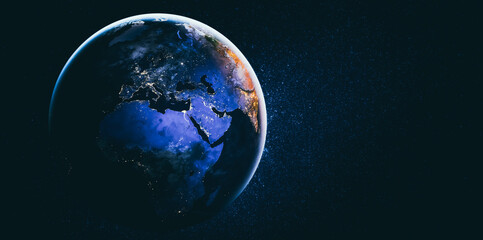 Planet earth globe view from space showing realistic earth surface and world map as in outer space point of view . Elements of this image furnished by NASA planet earth from space photos. © InfiniteFlow