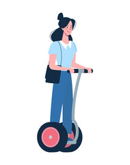 The girl rides on a modern gyroboard. The woman goes to work in the office. Eco-friendly alternative transport. Vector illustration of a girl on a white background in a flat style