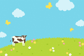 vector background with a cow in the field for banners, cards, flyers, social media wallpapers, etc.