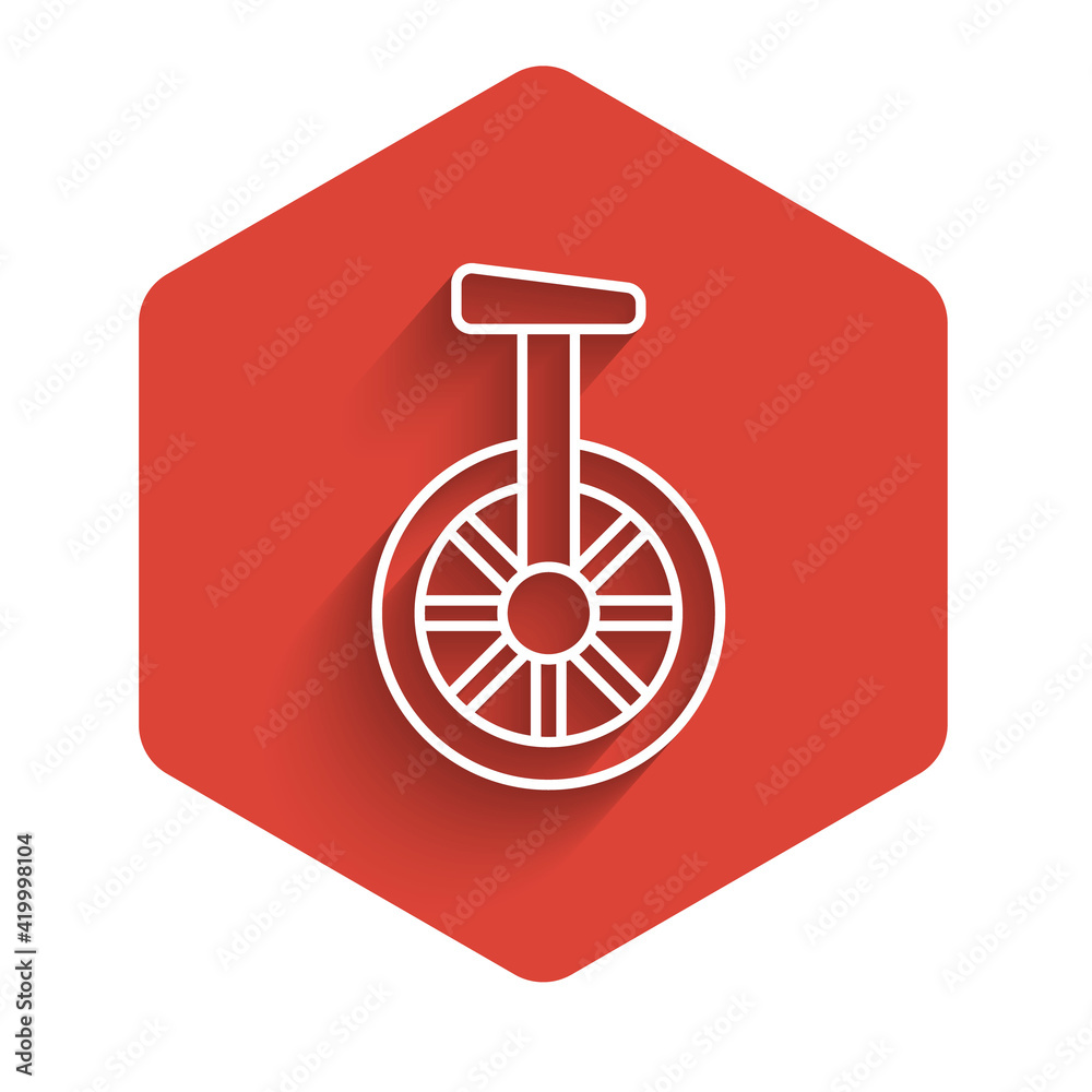 Wall mural white line unicycle or one wheel bicycle icon isolated with long shadow. monowheel bicycle. red hexa