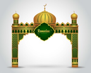 Ramadan background with golden event entrance arch, with golden arabic pattern, background for holy month of muslim community Ramadan Kareem.
