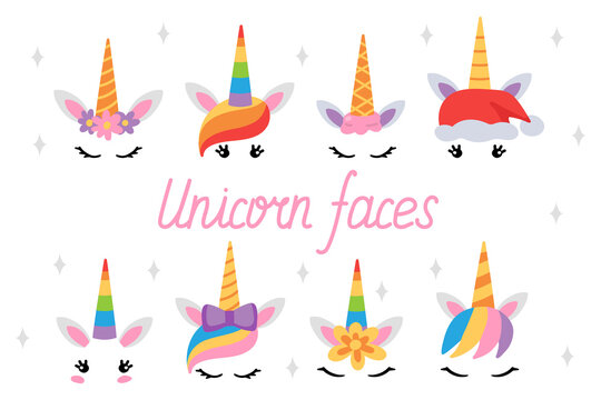 Unicorn Faces with Horns. Unicorns with rainbow, flowers for girls and boys. Cute funny cartoon Vector illustration. Elements for party