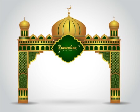 Ramadan background with golden event entrance arch, with golden arabic pattern, background for holy month of muslim community Ramadan Kareem.