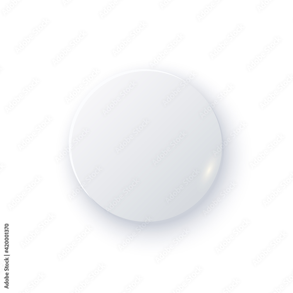 Poster White round button with shade. Web 3d blank modern design vector illustration. Abstract clean element with circle shape isolated on white background. User application template