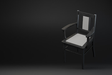 A 3D model of a black chair on a black background stands on one leg