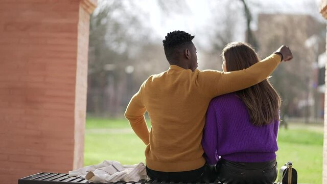Back of interracial lovers in romantic moment sitting at park bench