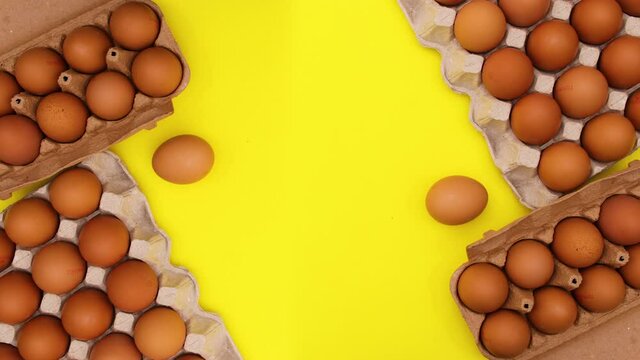 Eggs appear in card box on yellow background. Stop motion