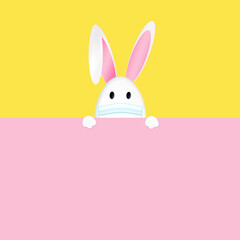 Easter egg in medical mask and Easter rabbit ears on a pink and yellow background.CORONAVIRUS EASTER Egg rabbit. Healthy, Safe and Happy Easter. Stay home stay safe. Banner.Copy Space for text