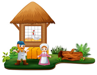 The farmers and chickens coop in the farm illustration