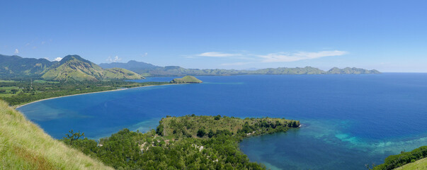 Scenic panoramic view of Kajuwulu tropical beach near Maumere, East Flores island, East Nusa Tenggara, Indonesia