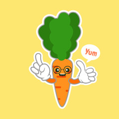 Kawaii and Cute carrot emoji character isolated on color background. Kawaii style fresh funny orange carrot and speach bubble slogan. Flat design cartoon food emoticon. Sweet stylish character sticker