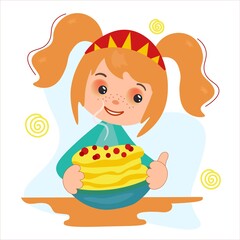 Little cartoon girl in a kokoshnik holding a plate of pancakes. Postcard on the theme of the Great Russian holiday. Maslenitsa. Vector illustration for banner or greeting card.