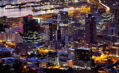 Fototapeta na wymiar Aerial twilight view of downtown Cape Town