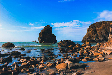 Fototapeta na wymiar Oregon beach shore line with rocks and Ocean with waves